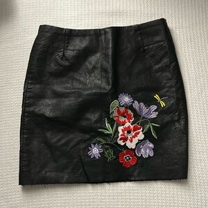 H&M Black Pleather Floral Embroidered Mini Skirt